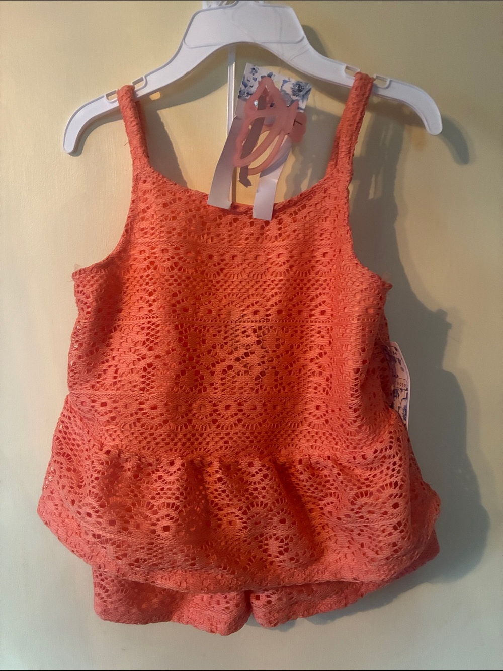 Girls crocheted coral shorts tank set with hair clip